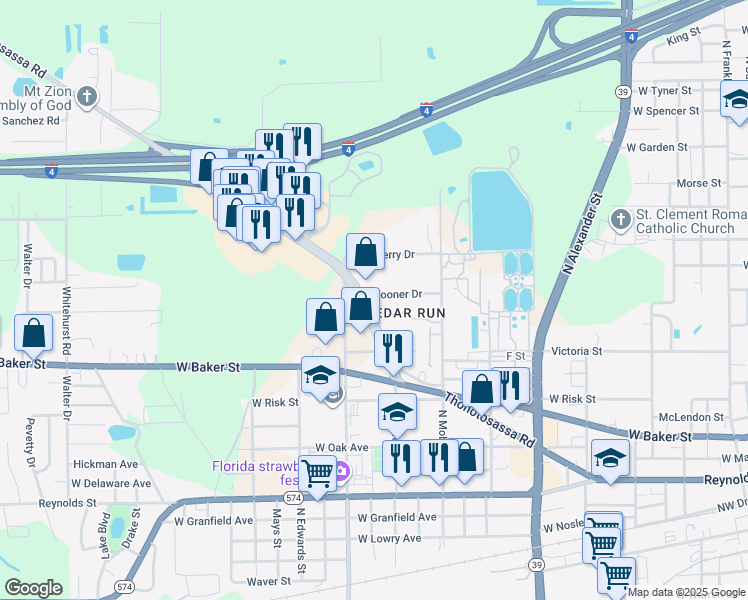 map of restaurants, bars, coffee shops, grocery stores, and more near 2017 Cedar Run Drive in Plant City