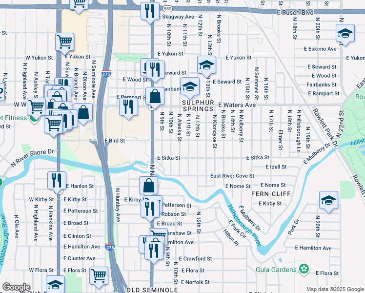map of restaurants, bars, coffee shops, grocery stores, and more near 8104 North Alaska Street in Tampa
