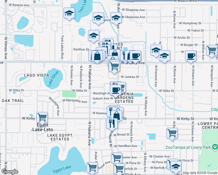 map of restaurants, bars, coffee shops, grocery stores, and more near 2509 Westhigh Avenue in Tampa