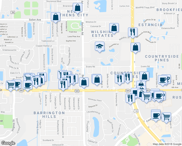 map of restaurants, bars, coffee shops, grocery stores, and more near 2776 Country Way in Clearwater