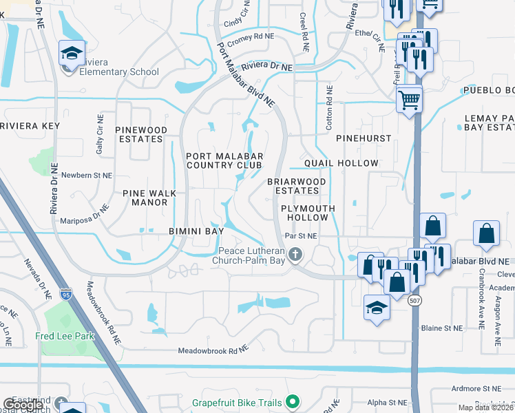 map of restaurants, bars, coffee shops, grocery stores, and more near 932 Waialae Circle Northeast in Palm Bay