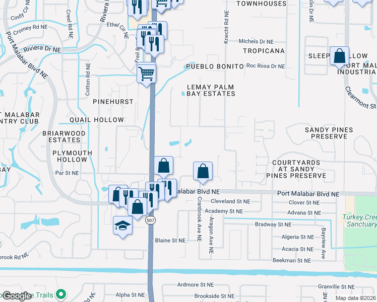 map of restaurants, bars, coffee shops, grocery stores, and more near 1802 Hardin Lane Northeast in Palm Bay