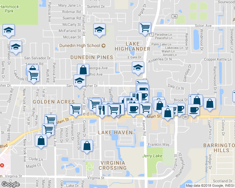map of restaurants, bars, coffee shops, grocery stores, and more near 1440 Carnation Drive in Dunedin
