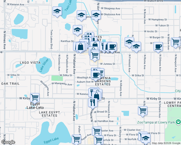 map of restaurants, bars, coffee shops, grocery stores, and more near 2509 Westhigh Avenue in Tampa