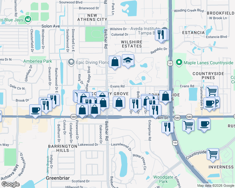 map of restaurants, bars, coffee shops, grocery stores, and more near 2784 Alexander Drive in Clearwater