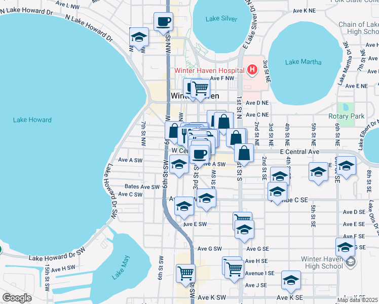 map of restaurants, bars, coffee shops, grocery stores, and more near 98 3rd Street Southwest in Winter Haven