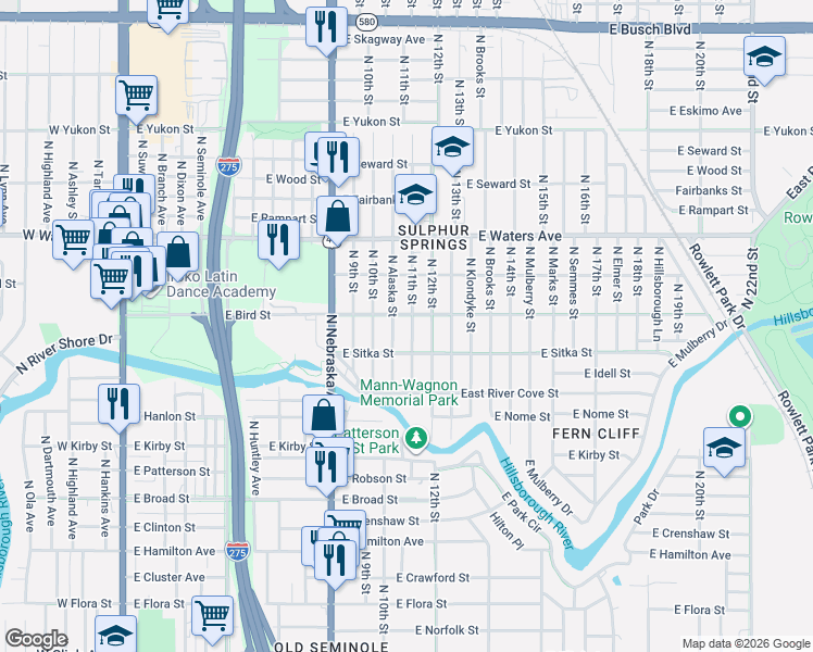 map of restaurants, bars, coffee shops, grocery stores, and more near 8104 North Alaska Street in Tampa