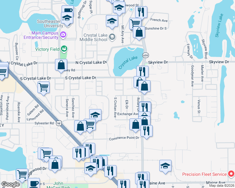 map of restaurants, bars, coffee shops, grocery stores, and more near 1724 Optimist Drive in Lakeland