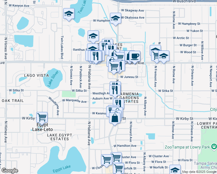 map of restaurants, bars, coffee shops, grocery stores, and more near 2550 Monica Court in Tampa