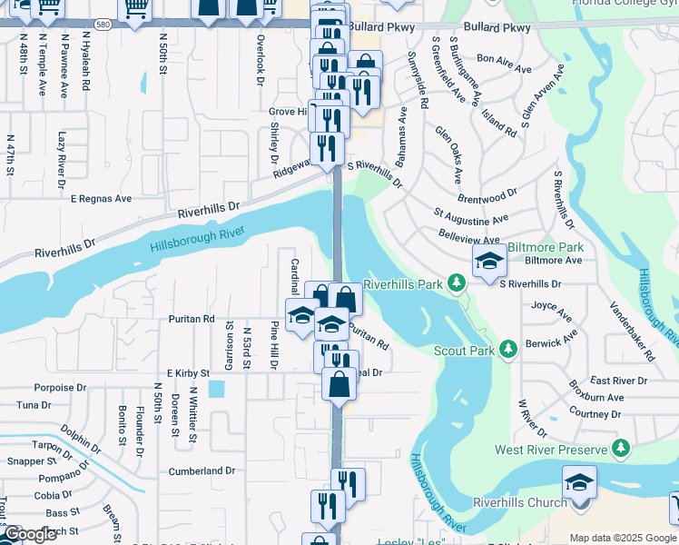 map of restaurants, bars, coffee shops, grocery stores, and more near North 56th Street in Tampa