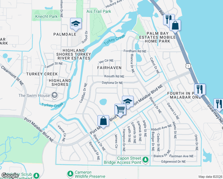 map of restaurants, bars, coffee shops, grocery stores, and more near 2872 Floresta Drive Northeast in Palm Bay