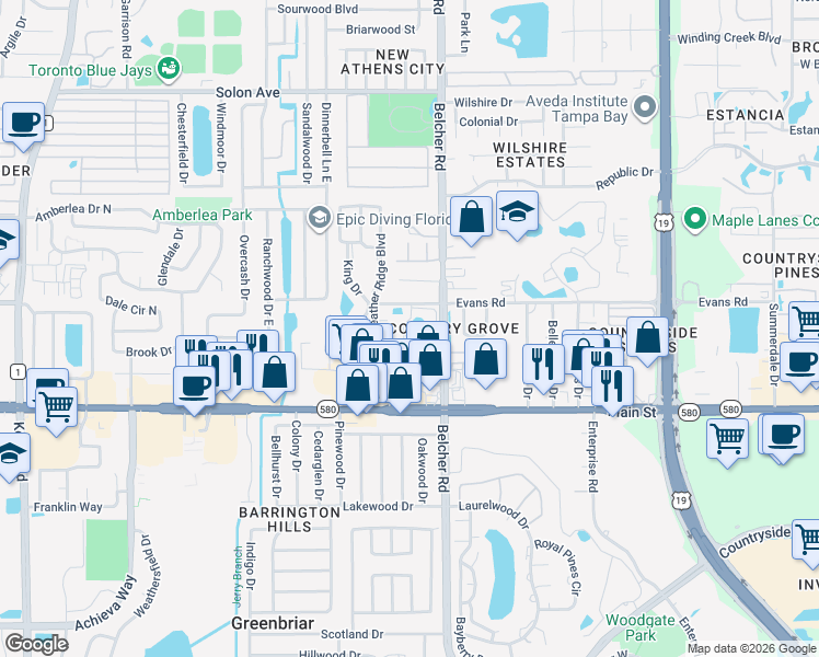 map of restaurants, bars, coffee shops, grocery stores, and more near 2130 Elm Street in Dunedin