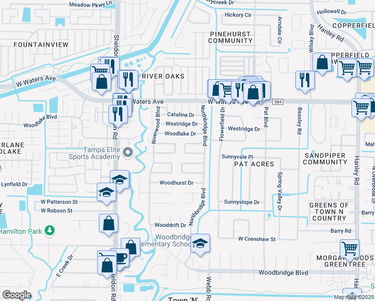map of restaurants, bars, coffee shops, grocery stores, and more near 7940 Woodgrove Circle in Tampa