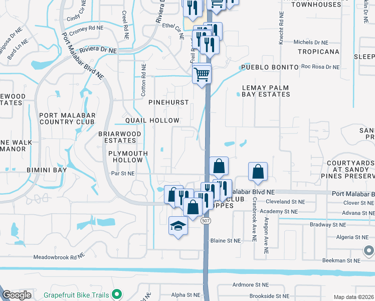 map of restaurants, bars, coffee shops, grocery stores, and more near 1680 Sunny Brook Lane in Palm Bay