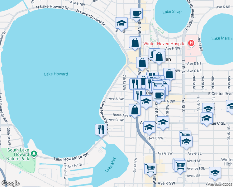 map of restaurants, bars, coffee shops, grocery stores, and more near 728 Avenue A Southwest in Winter Haven