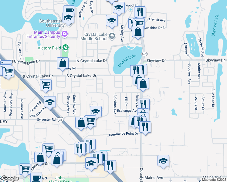 map of restaurants, bars, coffee shops, grocery stores, and more near 1756 Crystal Grove Drive in Lakeland