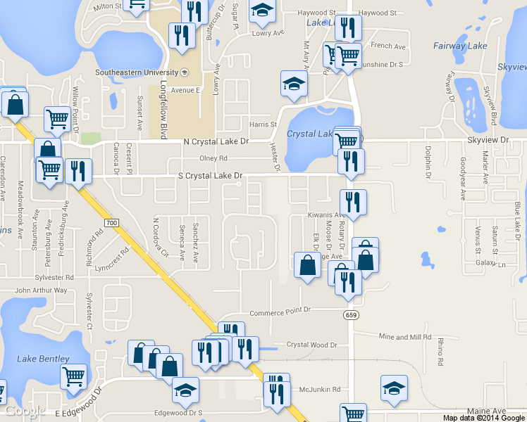 map of restaurants, bars, coffee shops, grocery stores, and more near 1689 Crystal Grove Drive in Lakeland