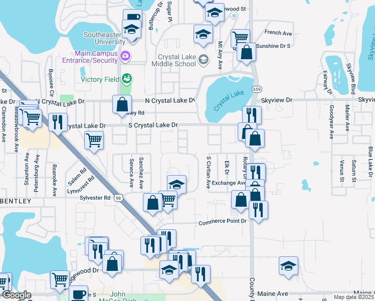 map of restaurants, bars, coffee shops, grocery stores, and more near 1689 Crystal Grove Drive in Lakeland