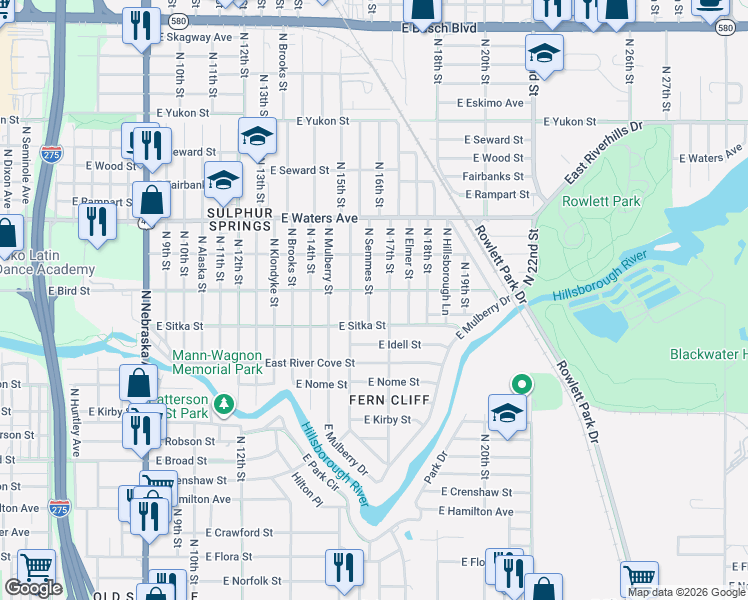map of restaurants, bars, coffee shops, grocery stores, and more near 1612 East Sitka Street in Tampa
