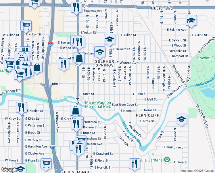 map of restaurants, bars, coffee shops, grocery stores, and more near 8104 North 12th Street in Tampa