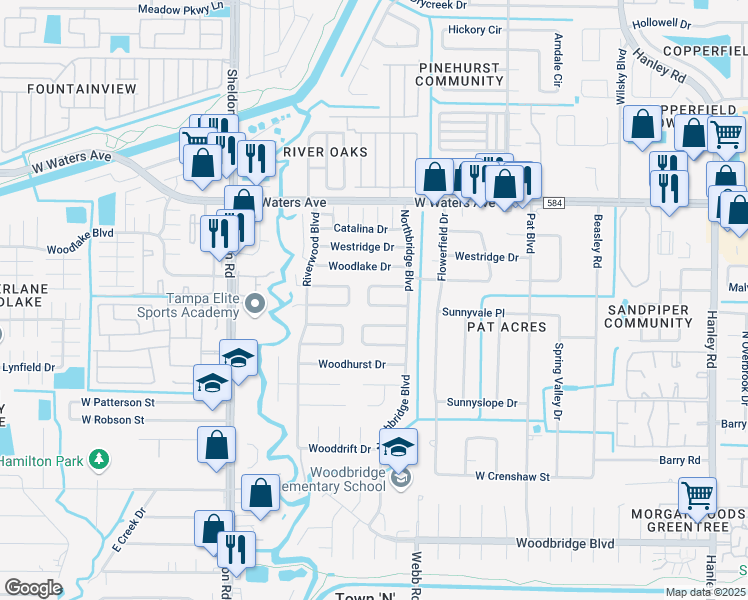 map of restaurants, bars, coffee shops, grocery stores, and more near 7940 Woodgrove Circle in Tampa