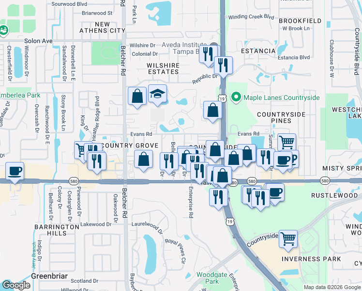 map of restaurants, bars, coffee shops, grocery stores, and more near 2755 Cypress Drive in Clearwater