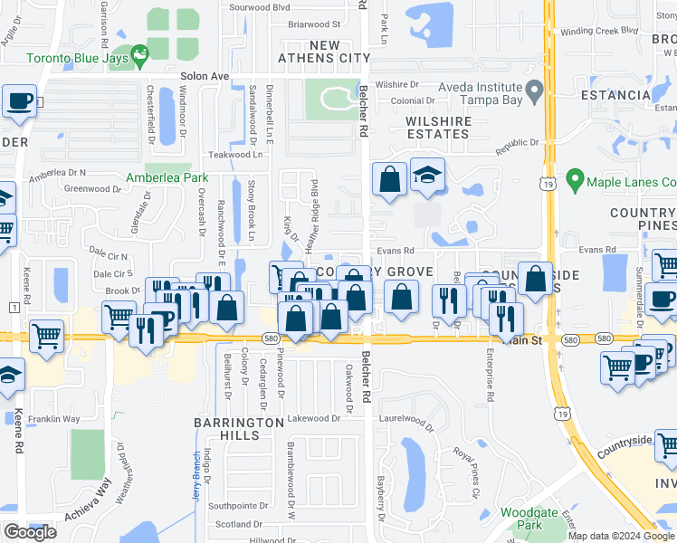 map of restaurants, bars, coffee shops, grocery stores, and more near 2163 Elm Street in Dunedin