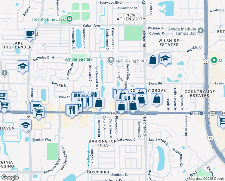 map of restaurants, bars, coffee shops, grocery stores, and more near 1980 Tahitian Place in Dunedin