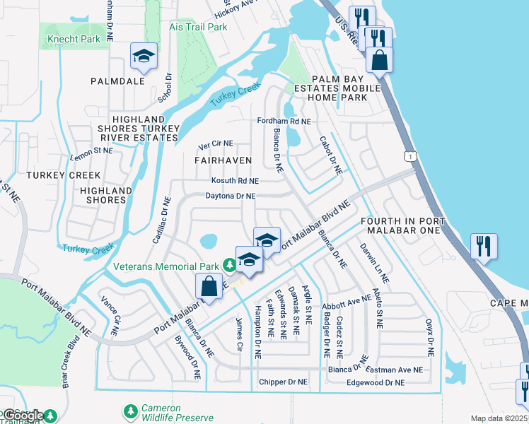 map of restaurants, bars, coffee shops, grocery stores, and more near 2914 Redgrove Drive Northeast in Palm Bay