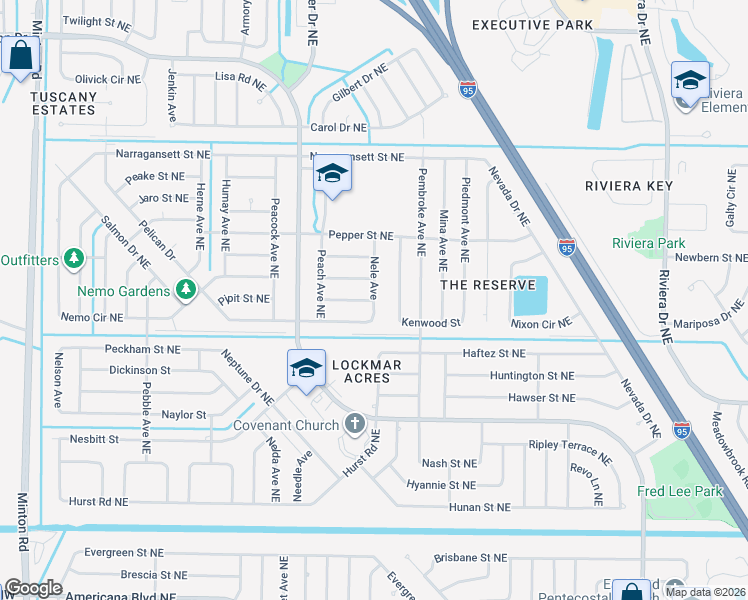 map of restaurants, bars, coffee shops, grocery stores, and more near 930 Nele Avenue in Palm Bay