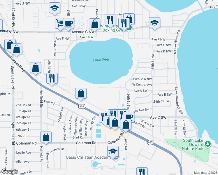 map of restaurants, bars, coffee shops, grocery stores, and more near 2903 South Lake Deer Drive Southwest in Winter Haven