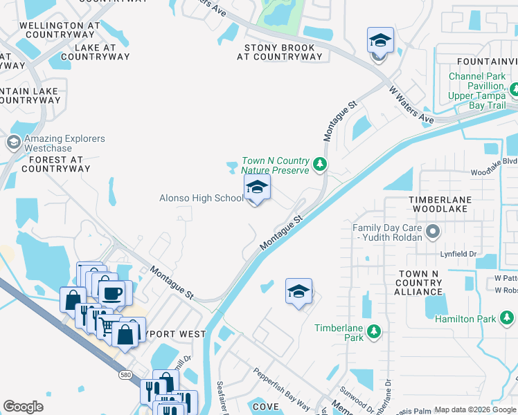 map of restaurants, bars, coffee shops, grocery stores, and more near 8302 Montague Street in Tampa