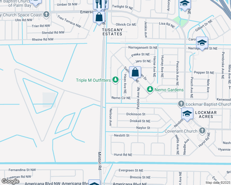map of restaurants, bars, coffee shops, grocery stores, and more near 920 Pellam Avenue Northeast in Palm Bay