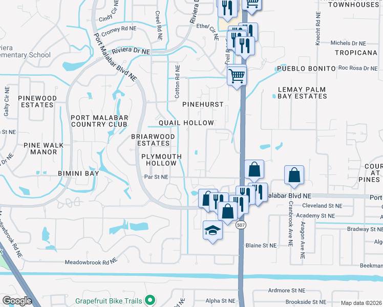 map of restaurants, bars, coffee shops, grocery stores, and more near 941 Hooper Avenue Northeast in Palm Bay
