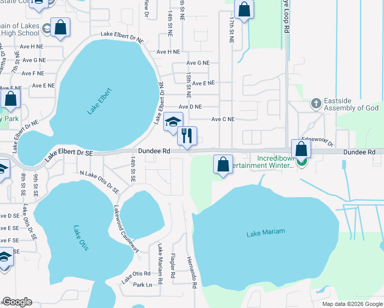 map of restaurants, bars, coffee shops, grocery stores, and more near 1502 Dundee Road in Winter Haven