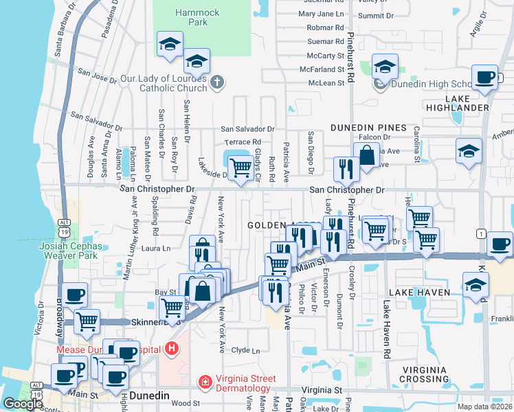 map of restaurants, bars, coffee shops, grocery stores, and more near 795 San Christopher Drive in Dunedin