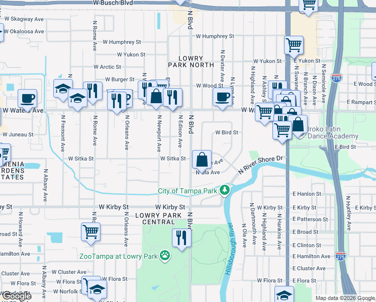 map of restaurants, bars, coffee shops, grocery stores, and more near 8106 North Boulevard in Tampa