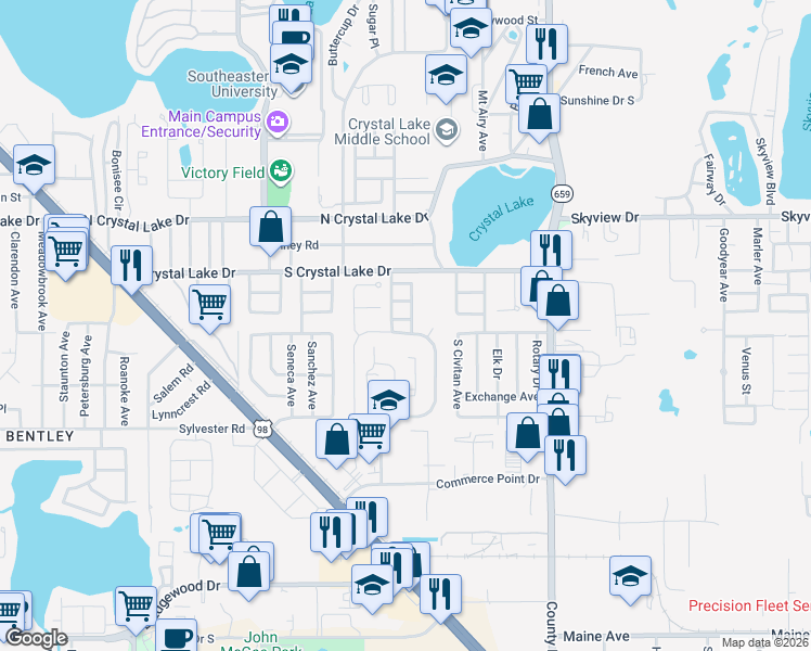 map of restaurants, bars, coffee shops, grocery stores, and more near 1677 Crystal Park Circle in Lakeland
