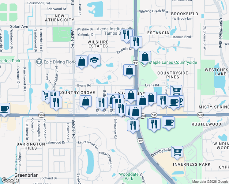 map of restaurants, bars, coffee shops, grocery stores, and more near 2798 Cypress Drive in Clearwater