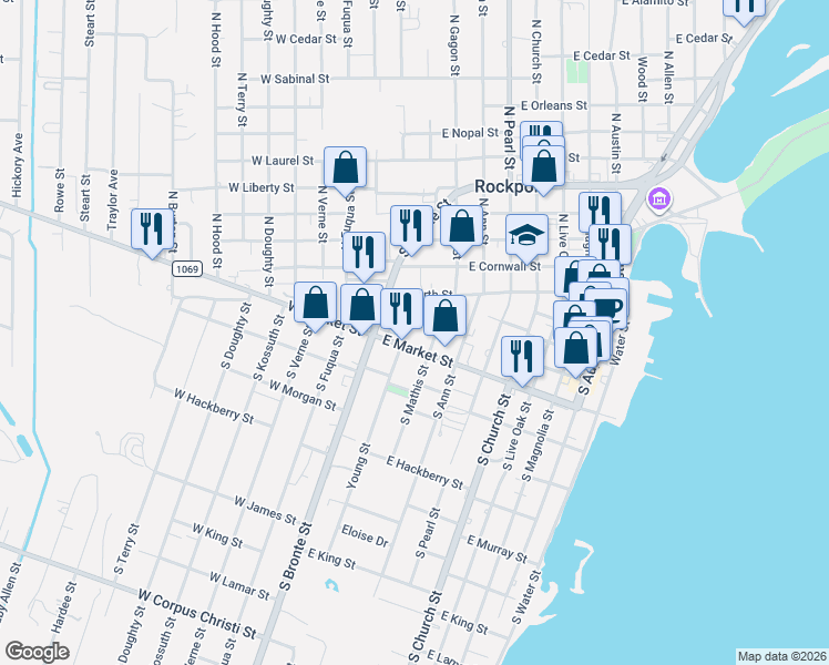 map of restaurants, bars, coffee shops, grocery stores, and more near 404 East North Street in Rockport