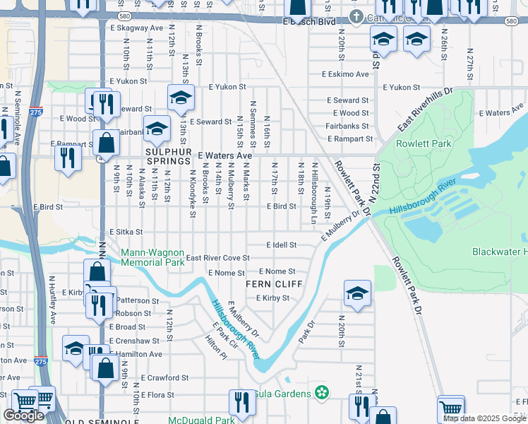 map of restaurants, bars, coffee shops, grocery stores, and more near 8117 Semmes Street in Tampa