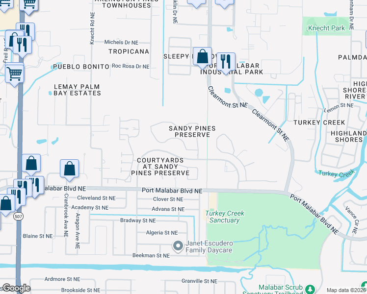 map of restaurants, bars, coffee shops, grocery stores, and more near 2128 Spring Creek Circle in Palm Bay