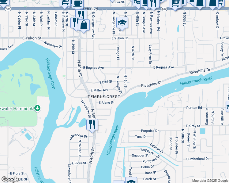 map of restaurants, bars, coffee shops, grocery stores, and more near 4220 East Miller Avenue in Tampa