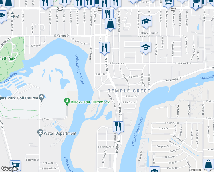 map of restaurants, bars, coffee shops, grocery stores, and more near 8111 North Greenwood Avenue in Tampa