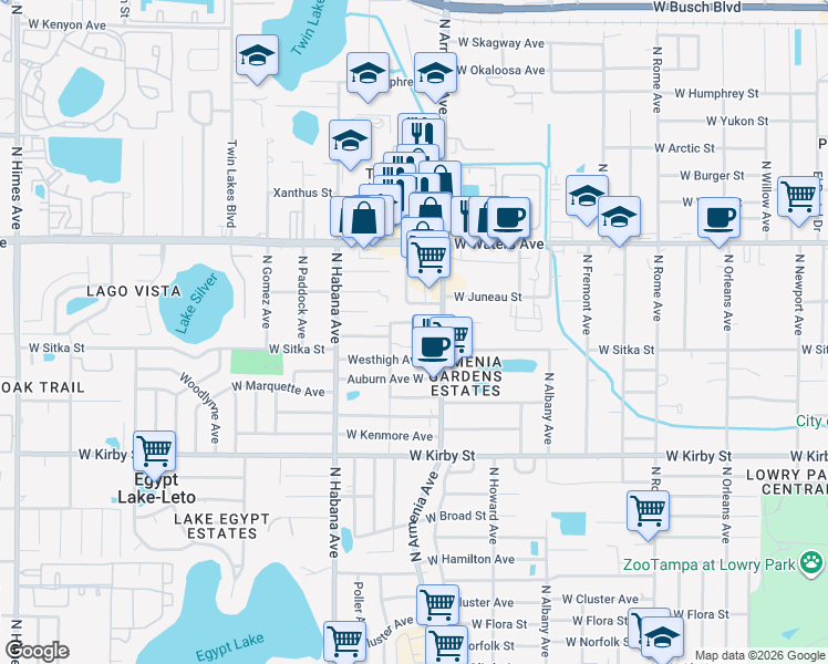map of restaurants, bars, coffee shops, grocery stores, and more near 2511 West Bird Street in Tampa