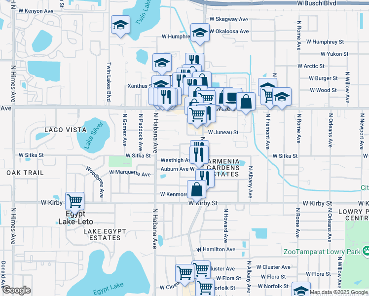 map of restaurants, bars, coffee shops, grocery stores, and more near 2523 West Bird Street in Tampa