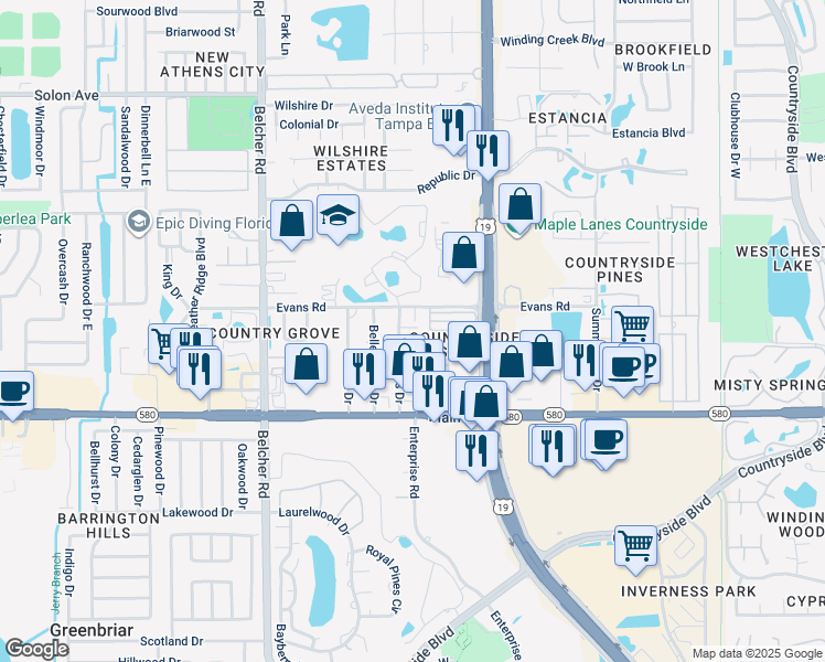 map of restaurants, bars, coffee shops, grocery stores, and more near 2798 Cypress Drive in Clearwater