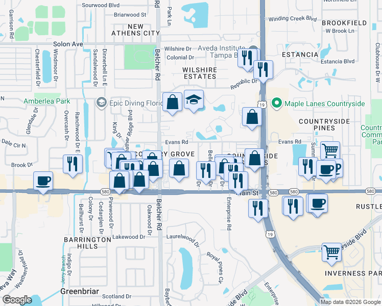 map of restaurants, bars, coffee shops, grocery stores, and more near 2248 Evans Road in Clearwater
