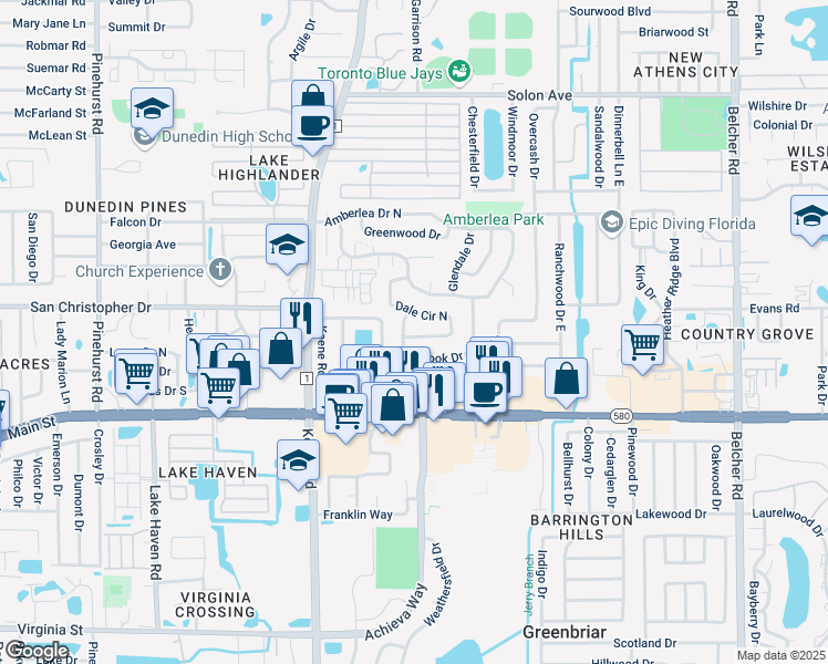 map of restaurants, bars, coffee shops, grocery stores, and more near 1163 Brook Drive in Dunedin