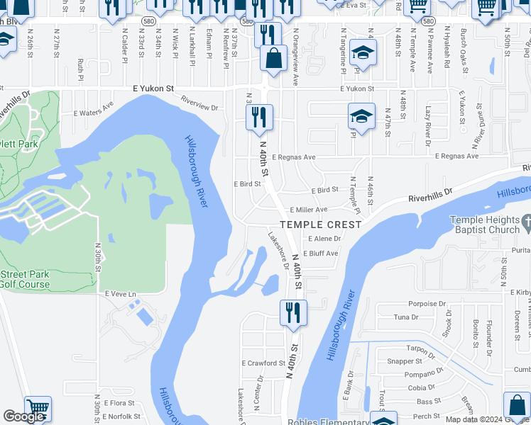 map of restaurants, bars, coffee shops, grocery stores, and more near 8111 North Greenwood Avenue in Tampa